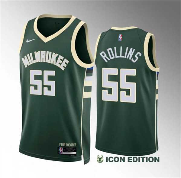 Mens Milwaukee Bucks #55 Ryan Rollins Green Icon Edition Stitched Basketball Jersey Dzhi